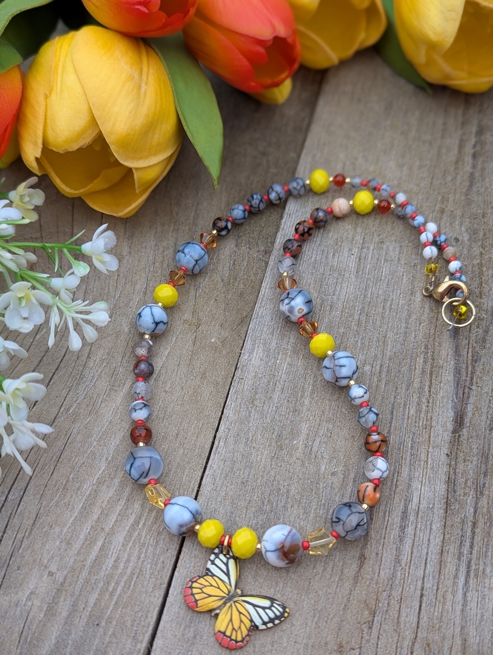 🌼🦋Handmaded Beaded Yellow Butterfly Beaded Necklace Adult Funky Retro